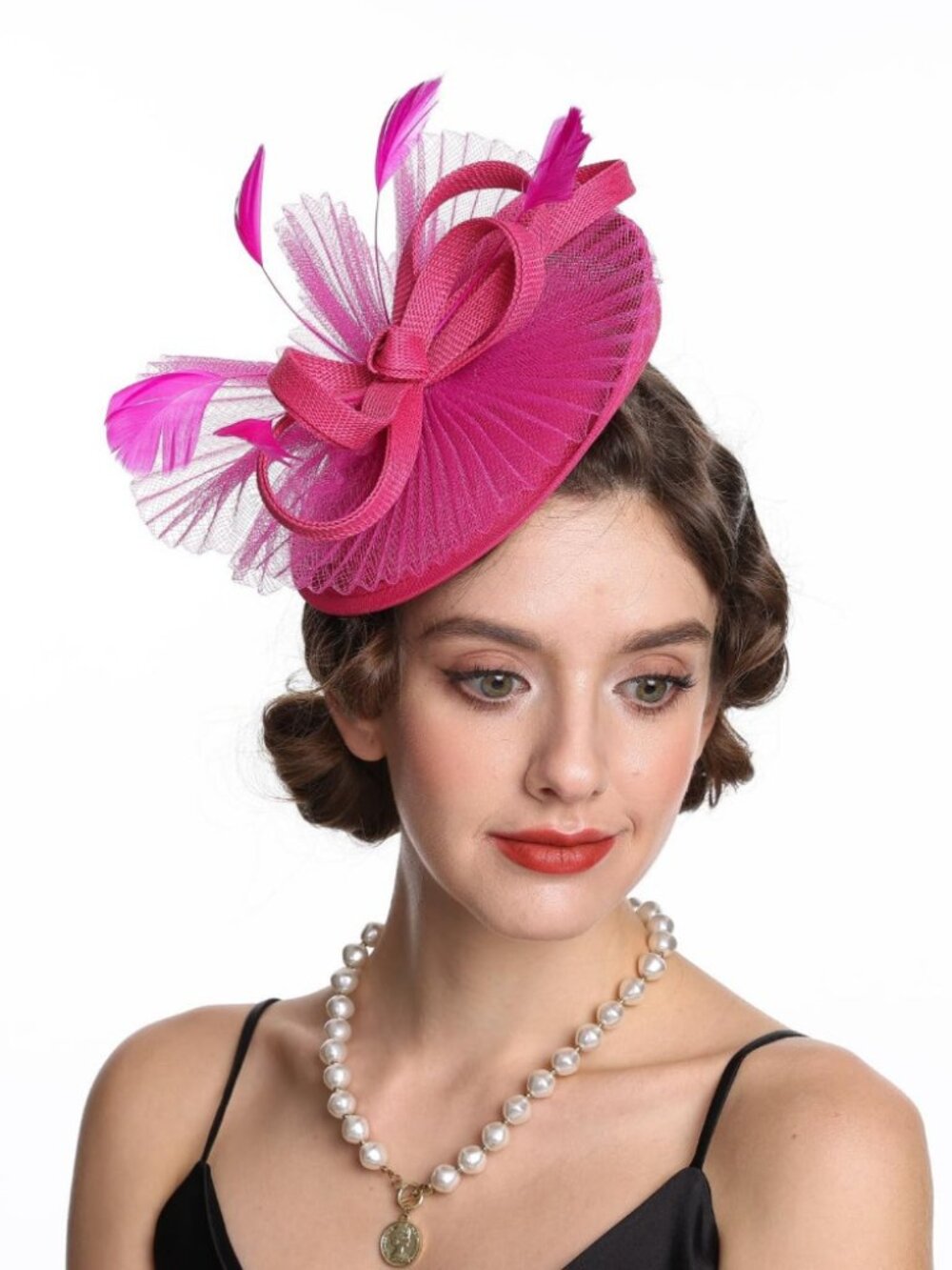 Women Fascinator Hair Clip Feather Flower Wedding Party Hat St24-Rose